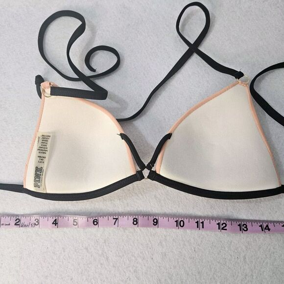 VICTORIA SECRET PINK Bikini Top Sz S Orange Black Trim Triangle Ring - Picture 3 of 4